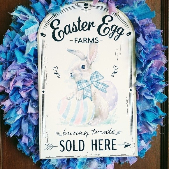 Hand Crafted Easter Bunny Egg Pastel Fabric Rag Wreath, Easter Egg Farms Sign - Picture 3 of 14